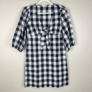 Tyler Boe Gingham Checked Black White Tie Front Womens 2 Dress 3/4 Sleeve Cotton